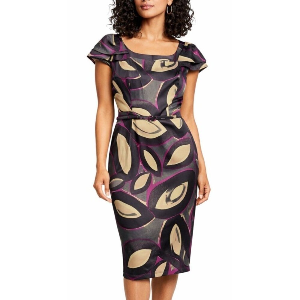 David Meister Silk Abstract Leaf Print Belted Sheath Dress